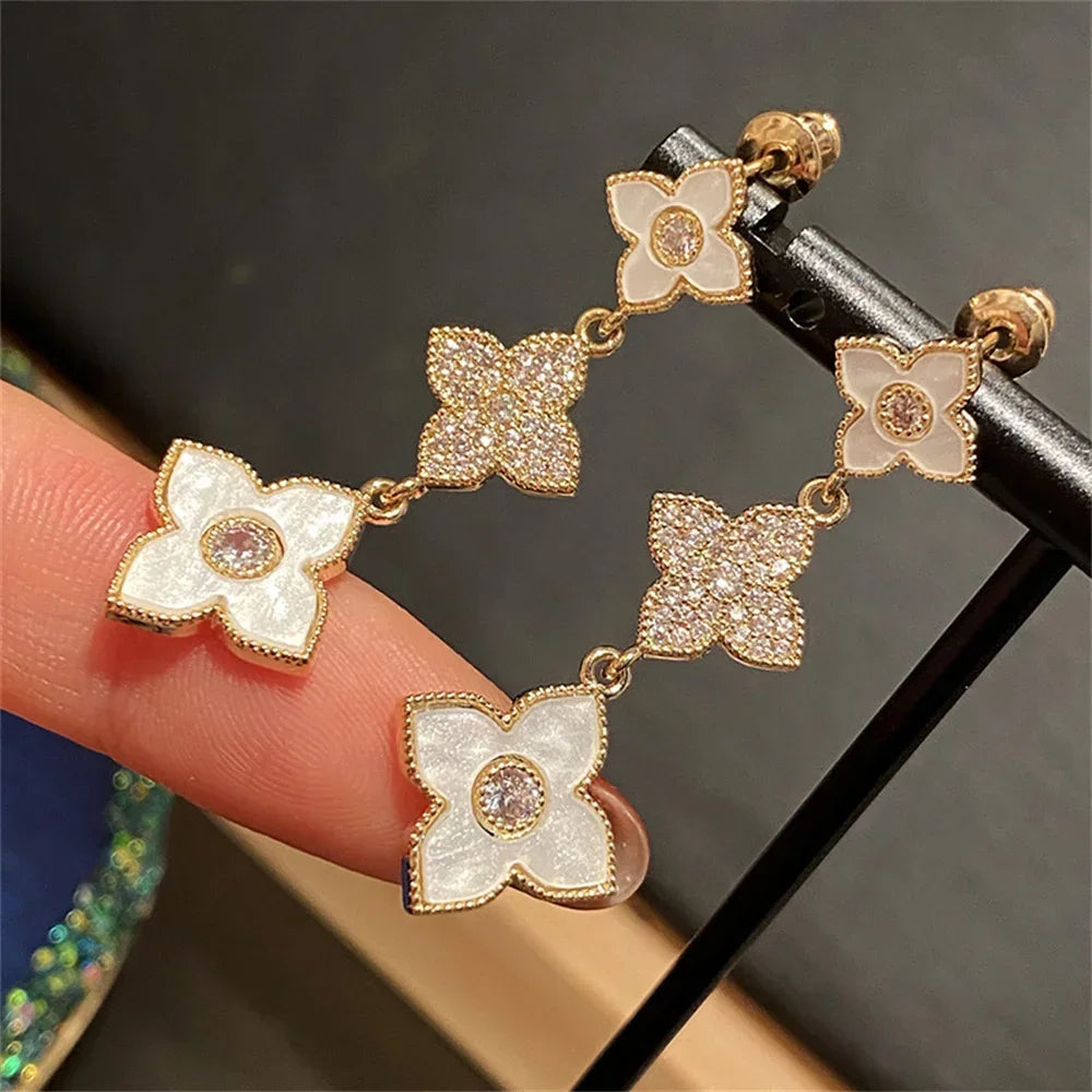 Clover Gold Earrings Repeated Use Earring Rhombus Sanhua Clover Gold Stud Earrings Beautiful Color Popular Accessories Long