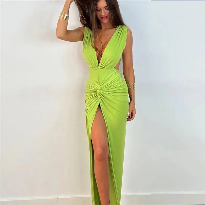Fashion Backless Wrapped Slit Bodycon Dress for Women Summer Elegant Fashion Sleeveless Deep V Neck Twist Ruched Long Tank Dress