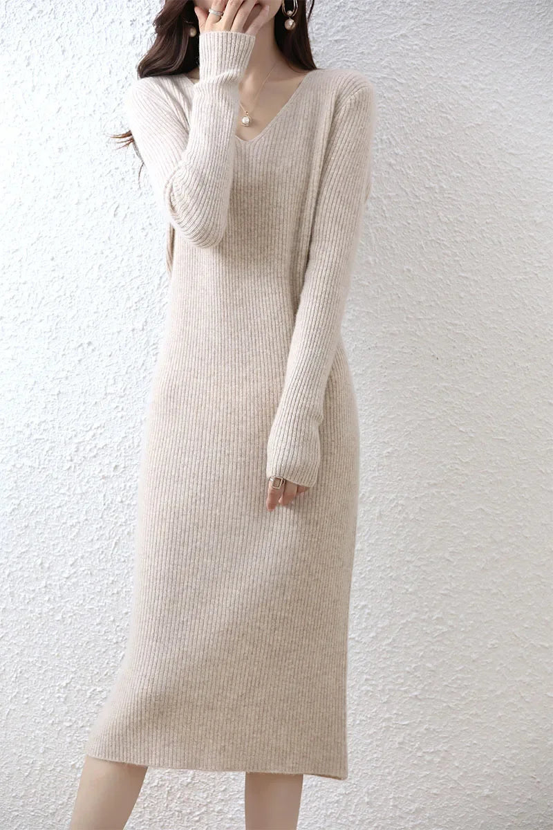 Elegant Long Sleeve Ribbed 100% Merino Wool Sweater Dress