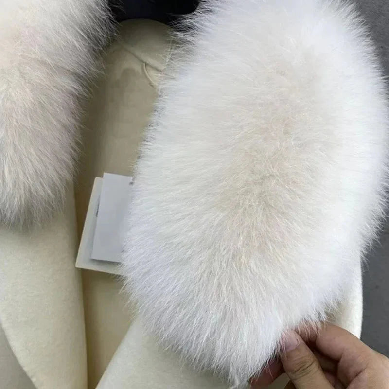 2024 Women Fashion Cashmere Coats 100% Real Mink Fur Cuff Long Outerwear Wool Jackets Fox Collar Lady Clothing