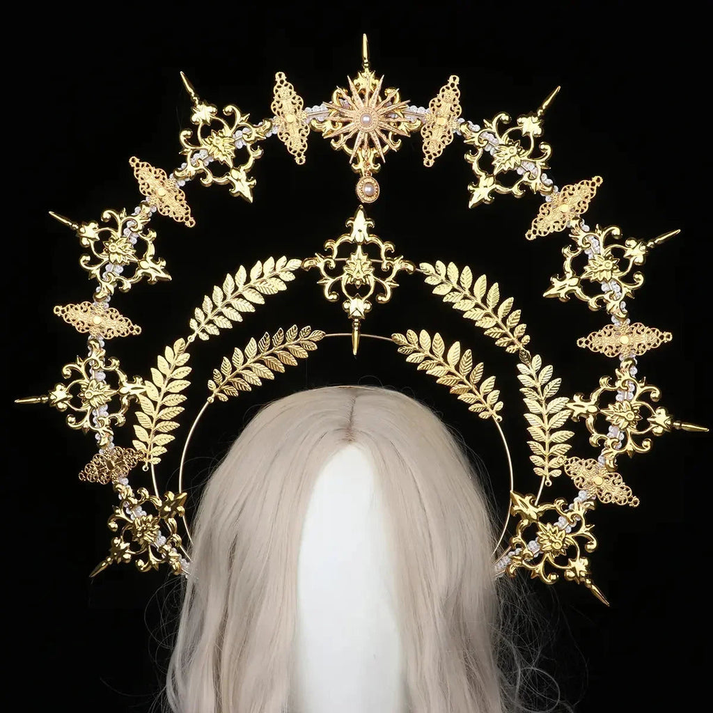 Sun Goddess Angel KC Halo Crown Headpiece Queen Anna Baroque Pearl Tiara Headband Lolita Collection Gothic Accessories