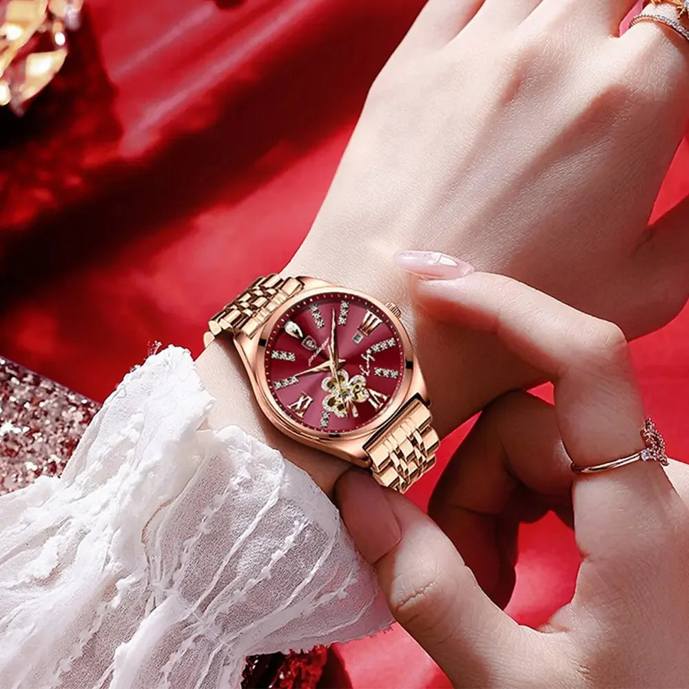 Luxury Wine Red Quartz Waterproof Stainless Watch