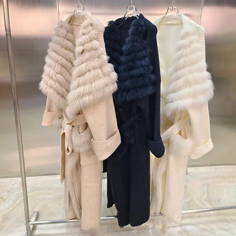 Lady Fashion Sweater Autumn Winter Long Coat 2023 Women's Knitted Cardigan Fox Fur Trim Belt