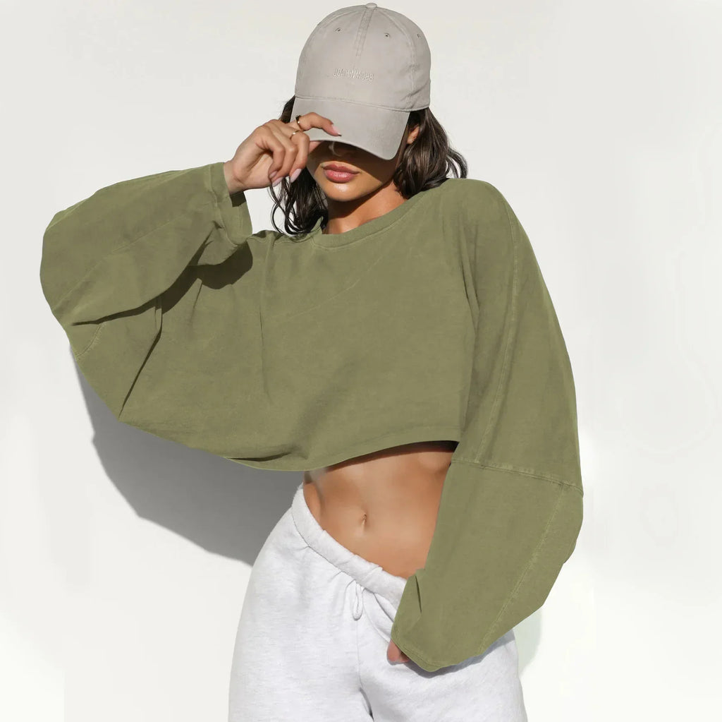 LO Casual Women's T-shirt Long Sleeved Top Knitted Sweater Clothing Round Neck Top Women's Short Sports Yoga Top