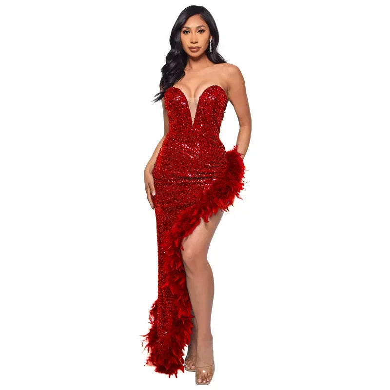 Sequin & Feather Cocktail Party Dress