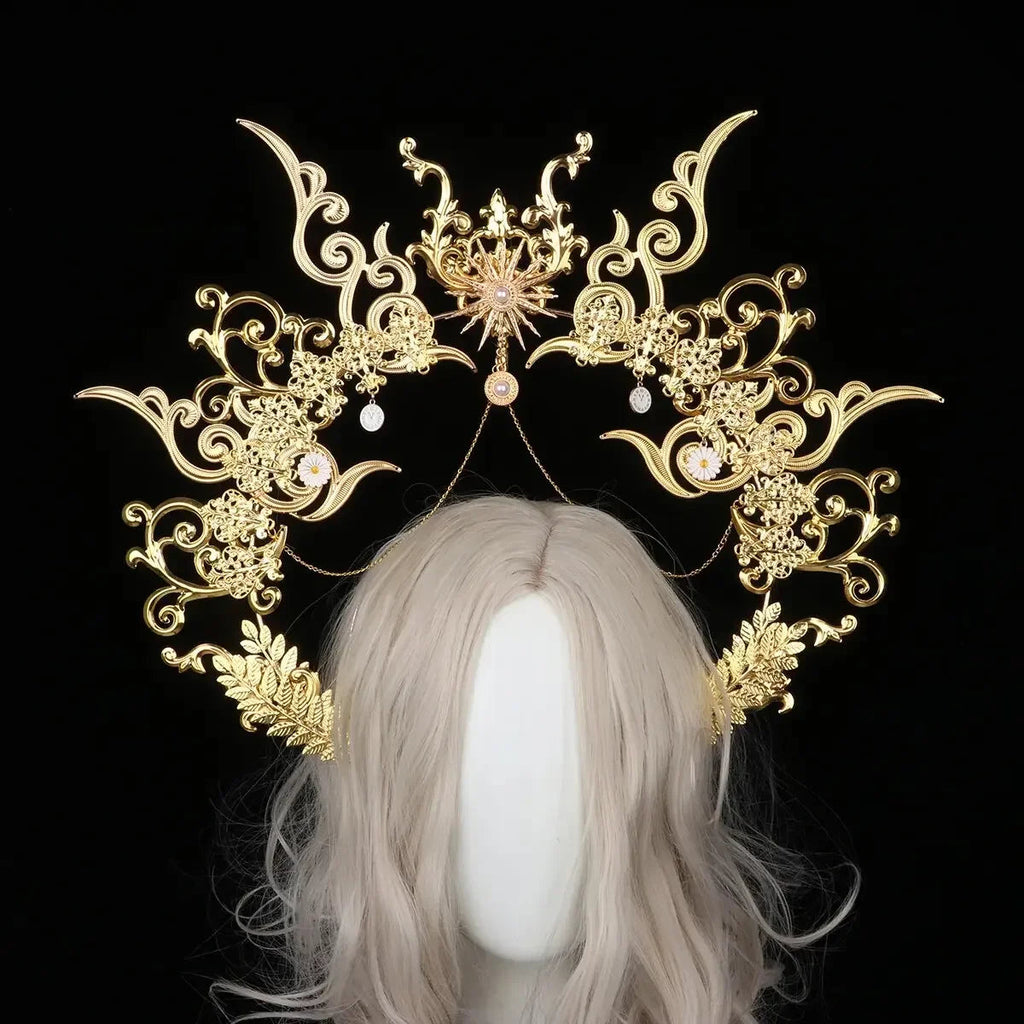Sun Goddess Angel KC Halo Crown Headpiece Queen Anna Baroque Pearl Tiara Headband Lolita Collection Gothic Accessories
