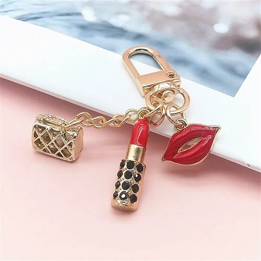 New Lipstick Lips Keychain with Black Rhinestones Key Ring Delicate Metal Pendant Charms for Women Girl Bag Car Accessories