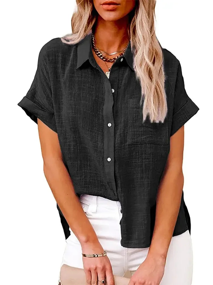Women Summer Linen Oversized Shirt Vintage Harajuku Short Sleeve Loose Blouse Elegant Chic Tunis 2022 Women Tops Streetwear