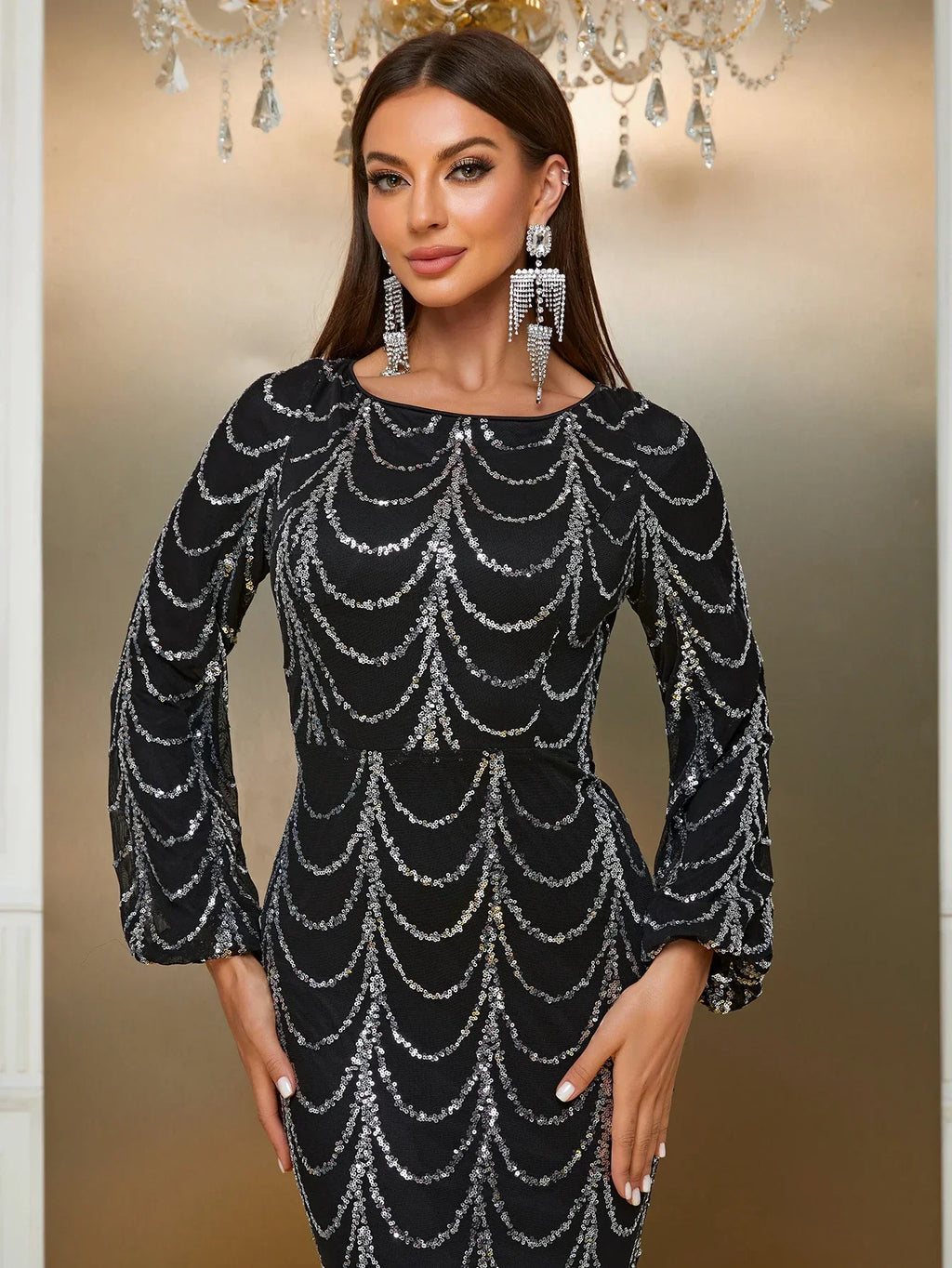 Women's Boat Neck Lantern Sleeve Dress