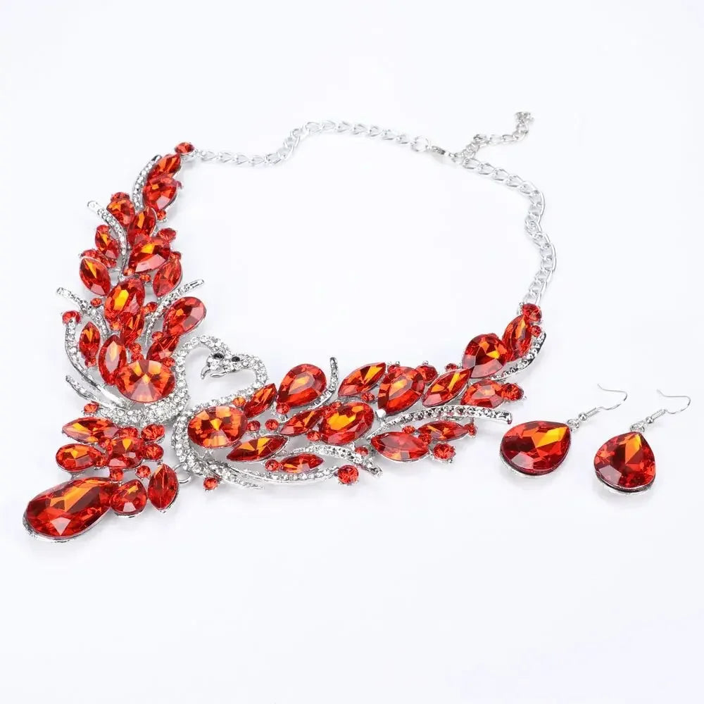 Crystal Bridal Jewelry Sets Gold Color Swan Pendant Necklace Women Gift Party Wedding Prom Necklace Earring Accessories