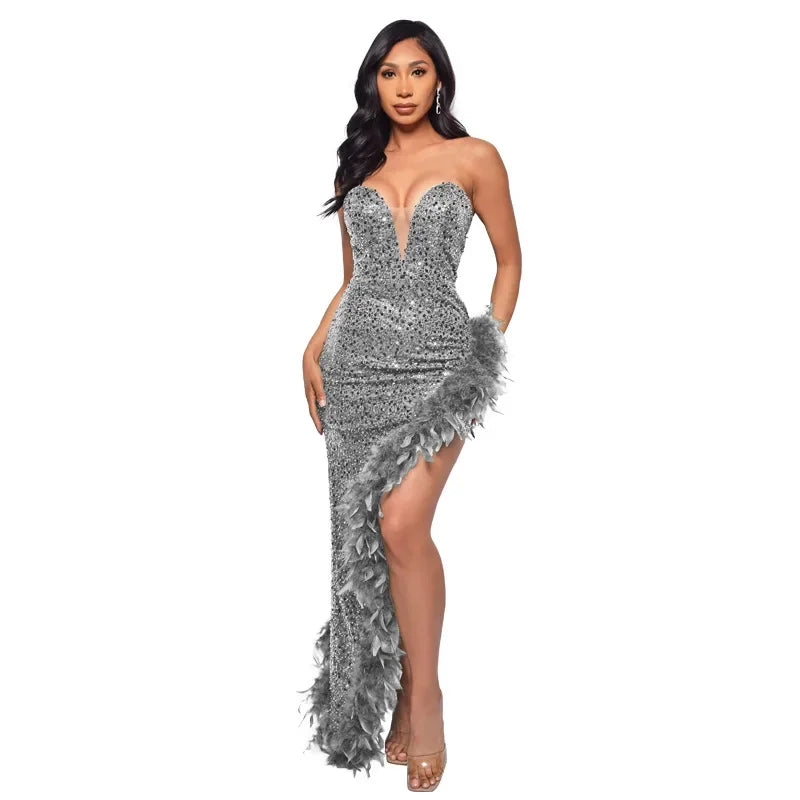 Sequin & Feather Cocktail Party Dress