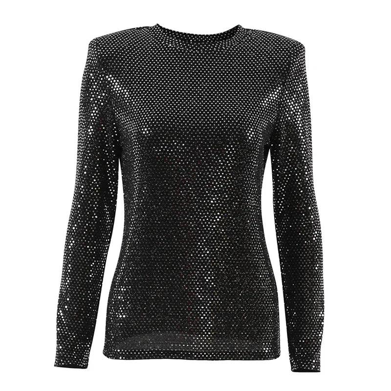 Aynaray 2023 Autumn Winter Women Office Slim Pullover Tops Solid Black Bodycon O-neck Long Sleeve Brightly T-shirts Female