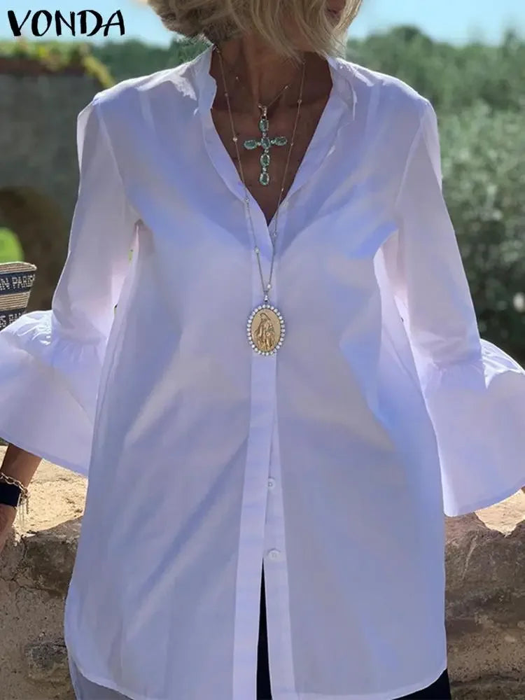 Classic Flare Sleeve Button Up Blouse