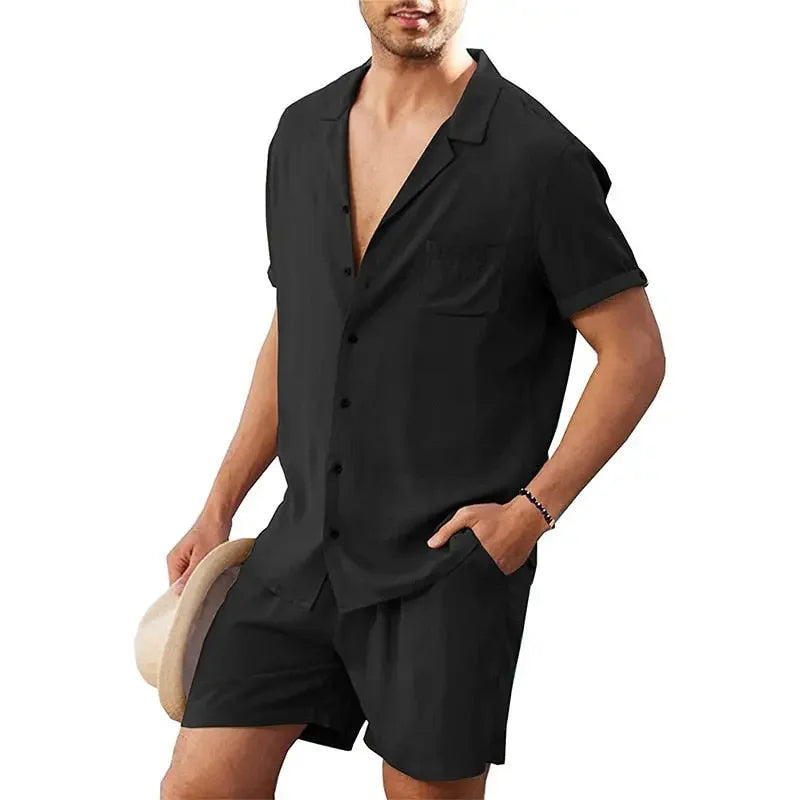New Arrival Men's Cotton and Linen Short Sleeve T-shirt+Ankle Length Pant Set Solid Shirt+Trousers Home Suits Male Size M-3XL