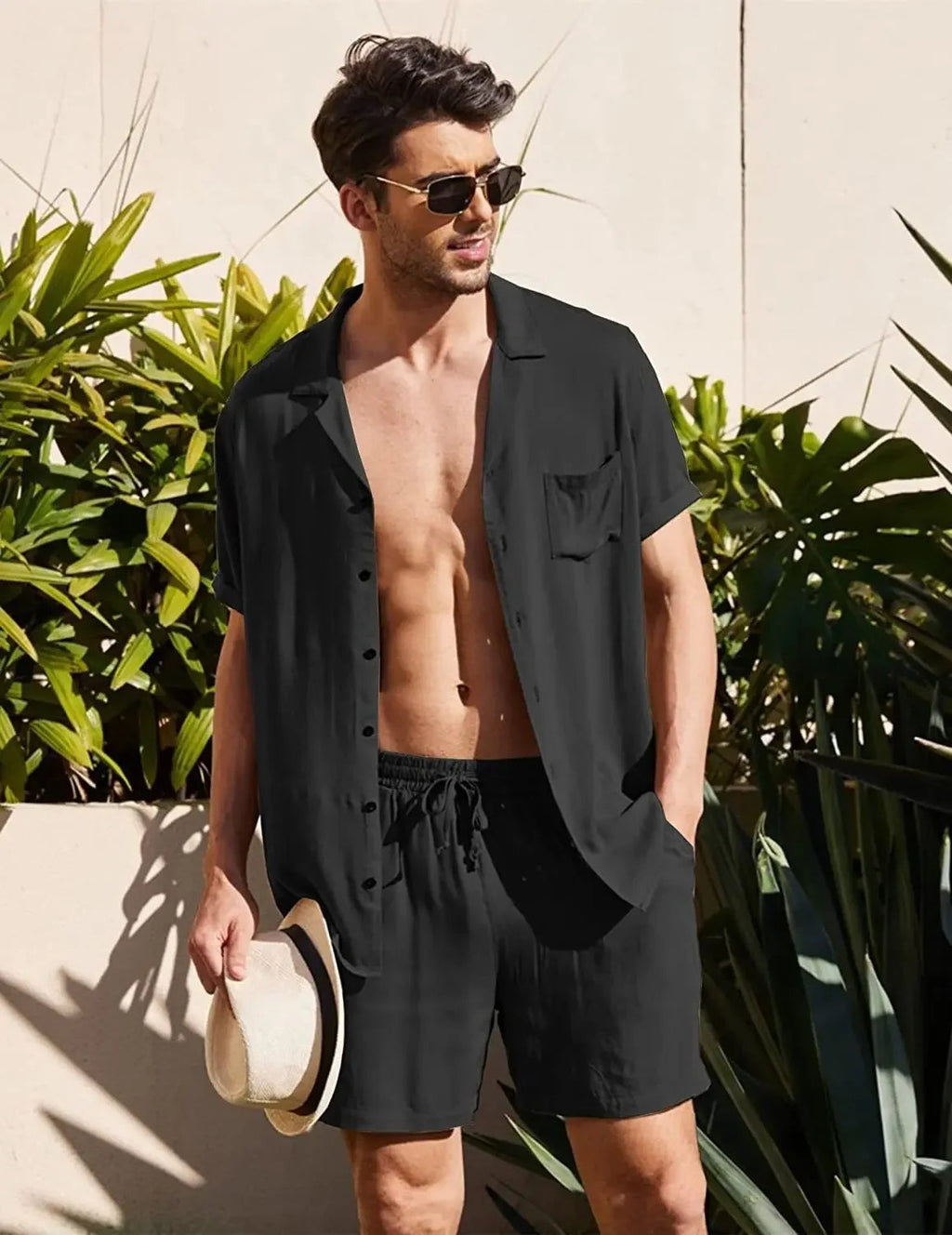 New Arrival Men's Cotton and Linen Short Sleeve T-shirt+Ankle Length Pant Set Solid Shirt+Trousers Home Suits Male Size M-3XL