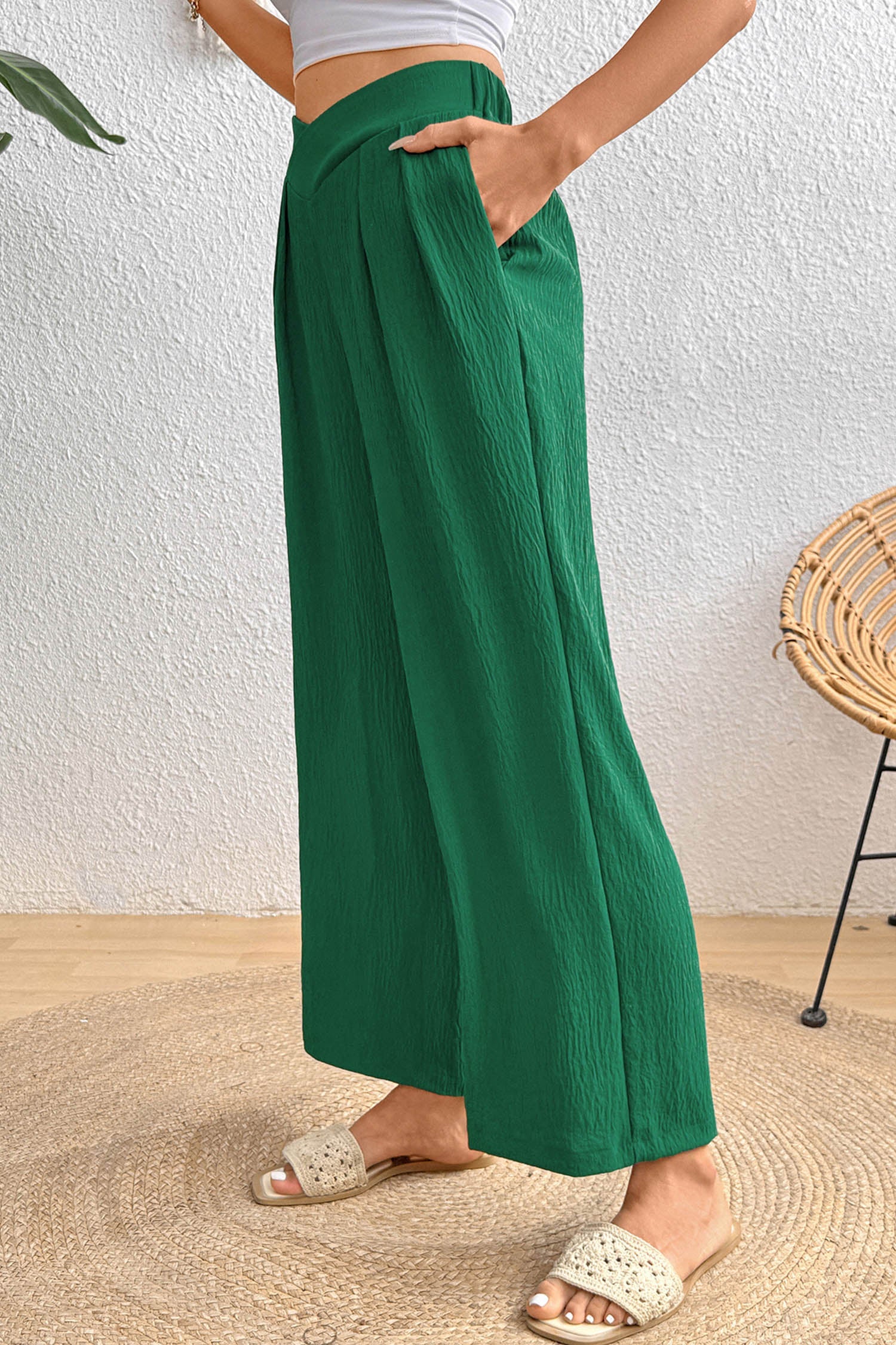 Solid Textured Crossed Waist Wide Leg Pants