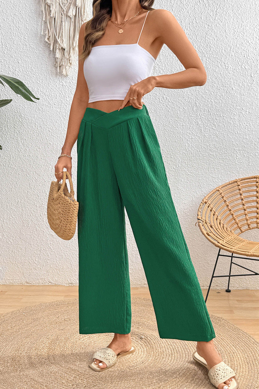 Solid Textured Crossed Waist Wide Leg Pants