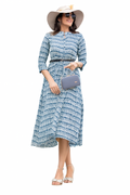 Blue and White Printed Midi Dress with Belt