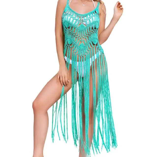 LUX Fringe Tassel Crochet Tunic Coverup Beach Dress